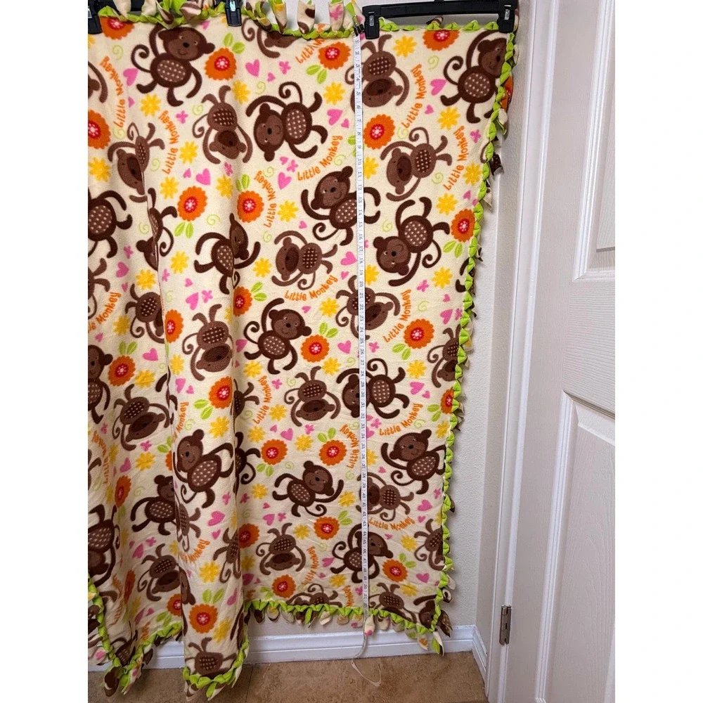 Little Monkey Baby Fleece Fringed Blanket Bright Flowers Hearts 52x58 Throw